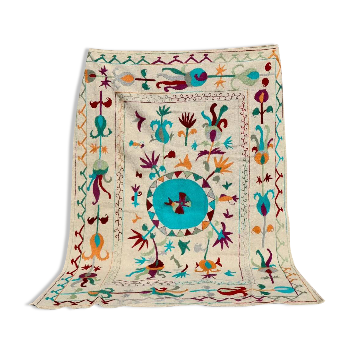 White blue multicoloured kilim suzani rug – 240x170 cm
