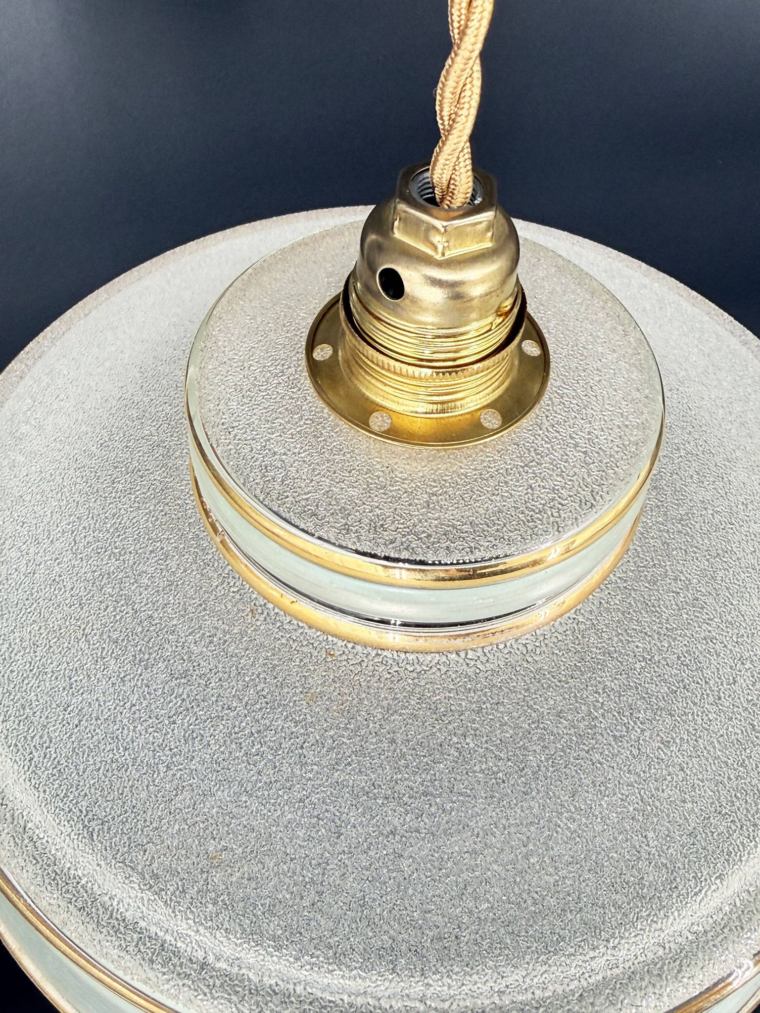 Set of 4 Art Deco pendant lights in frosted water green and gold.