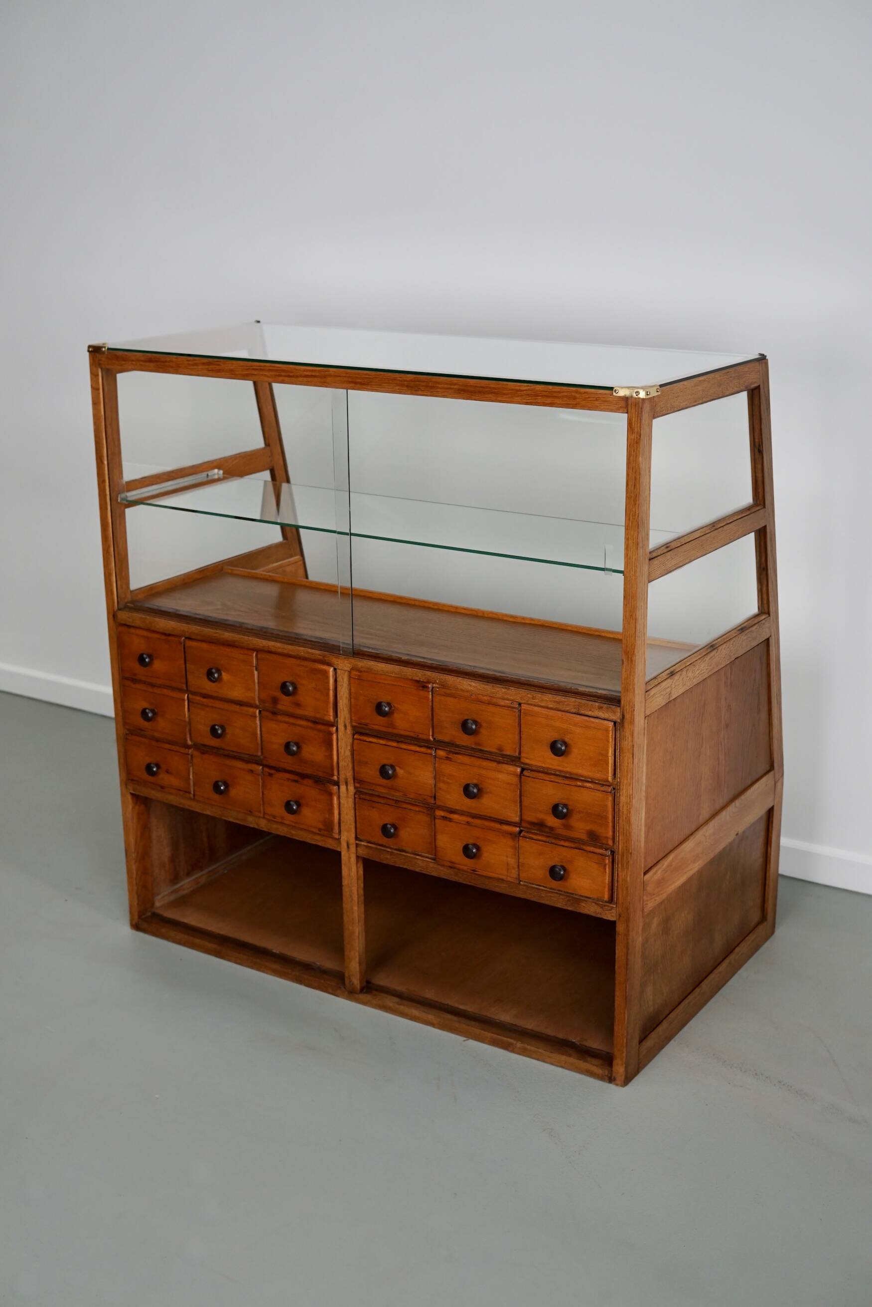 Antique Spanish beech & oak haberdashery cabinet or shop counter, 1950s