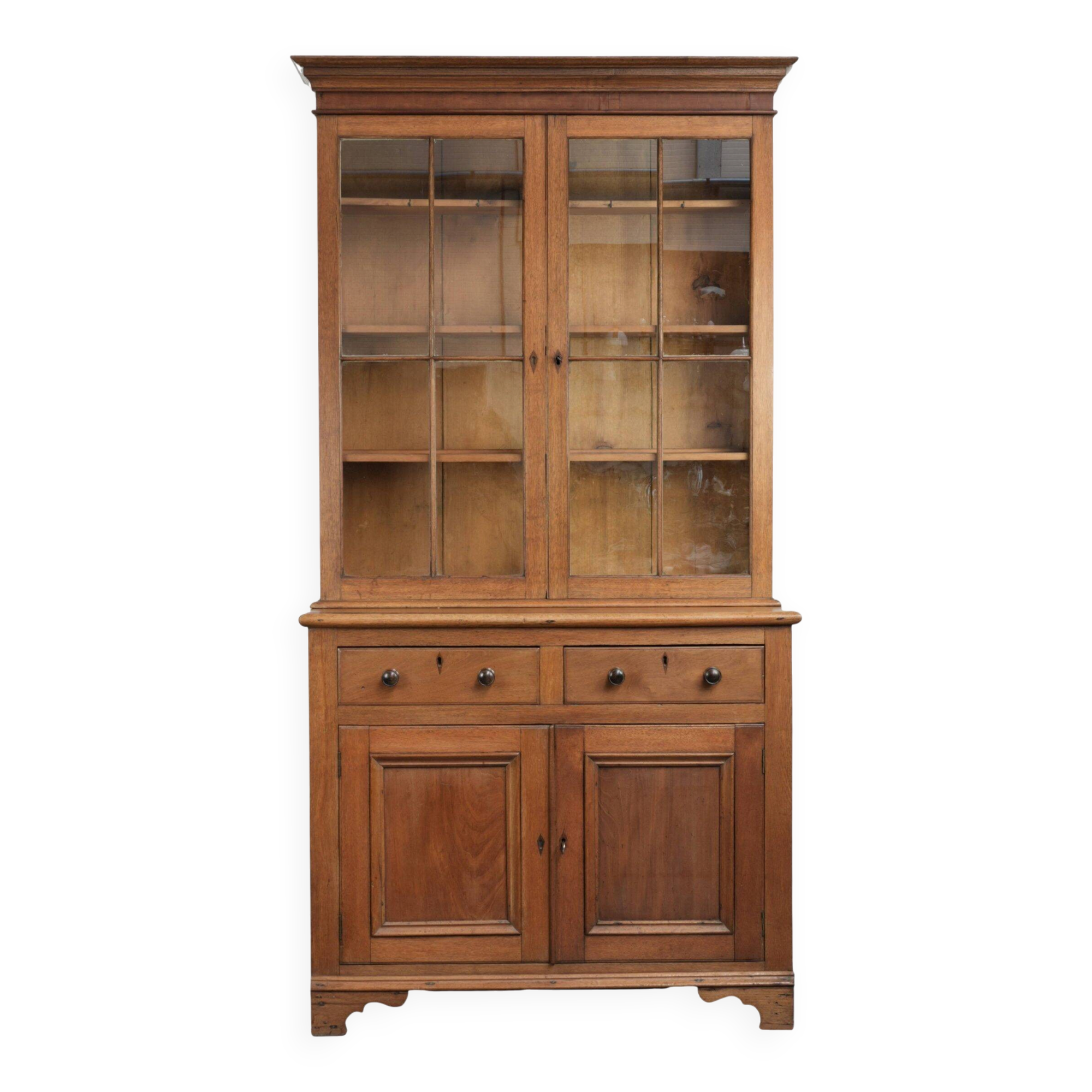 Antique English oak buffet/bookcase from 19th century with original glass