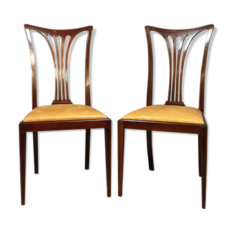 Pair of Art Nouveau era chairs in mahogany and lemon blossom fillets around 1900