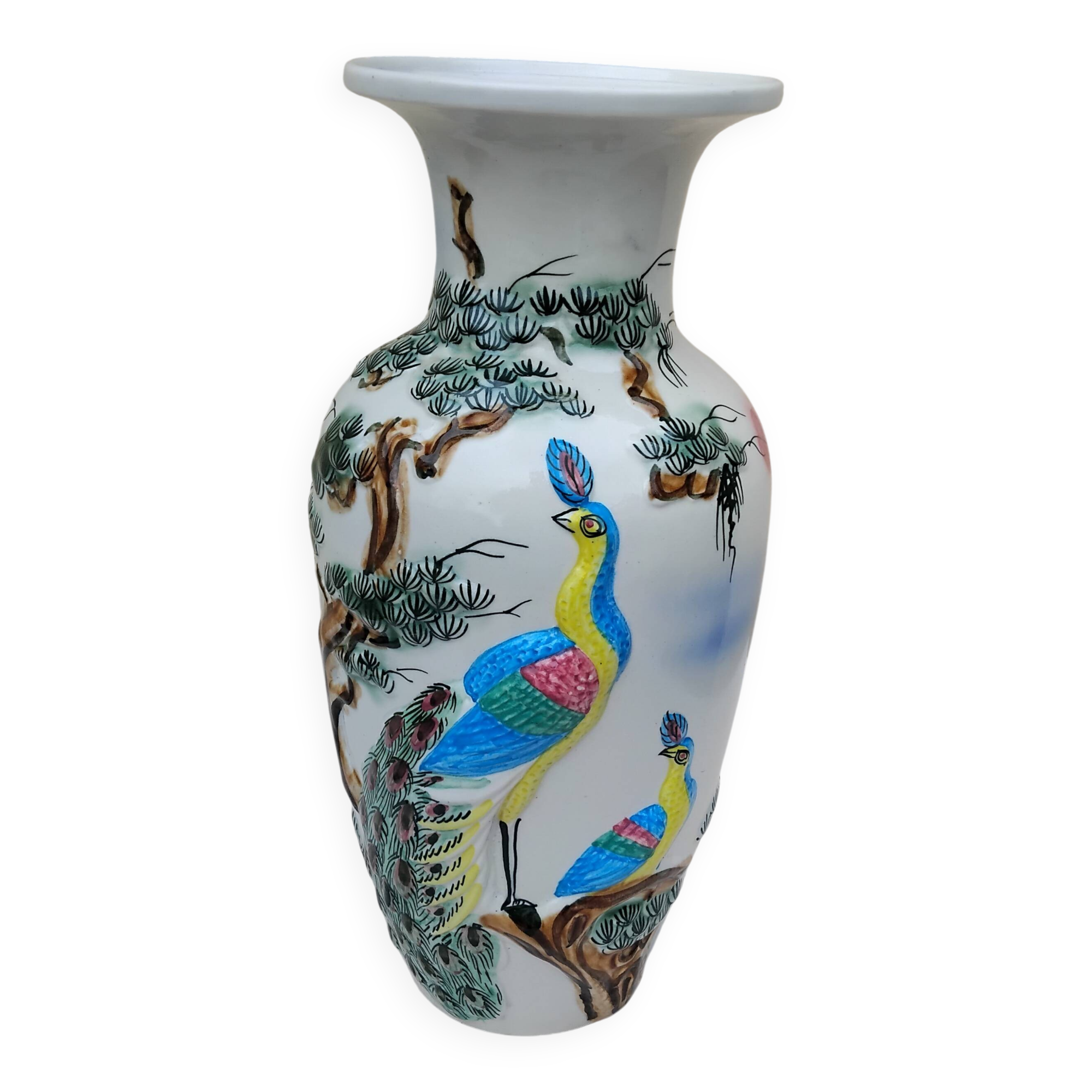 Large earthenware vase with peacock motif