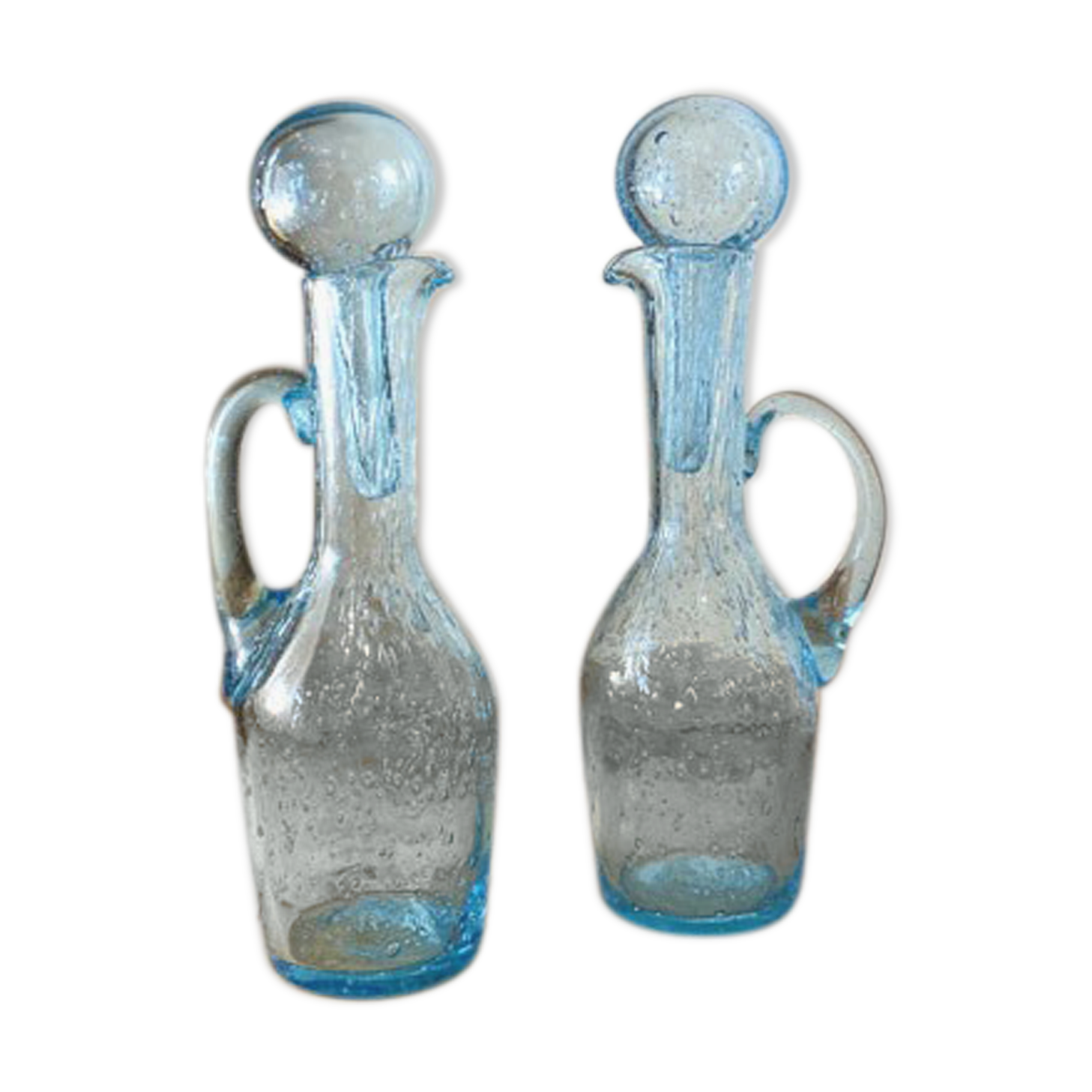 Pair of blue bubbled blown glass decanters