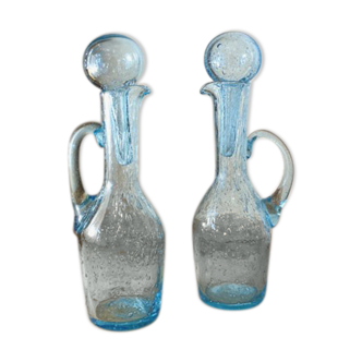 Pair of blue bubbled blown glass decanters