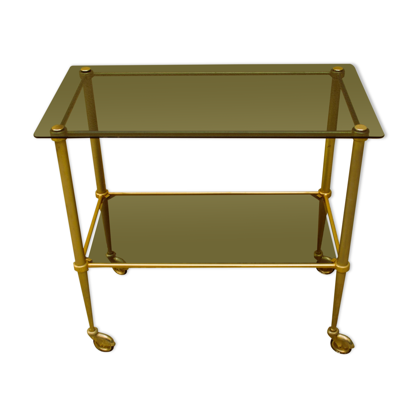 Antique brass serving trolley with smoked glass top, Louis XVI style.