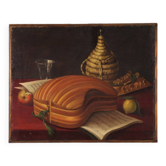 Tableau Nature Morte Avec Instrument De Musique Du 19ème Siècle