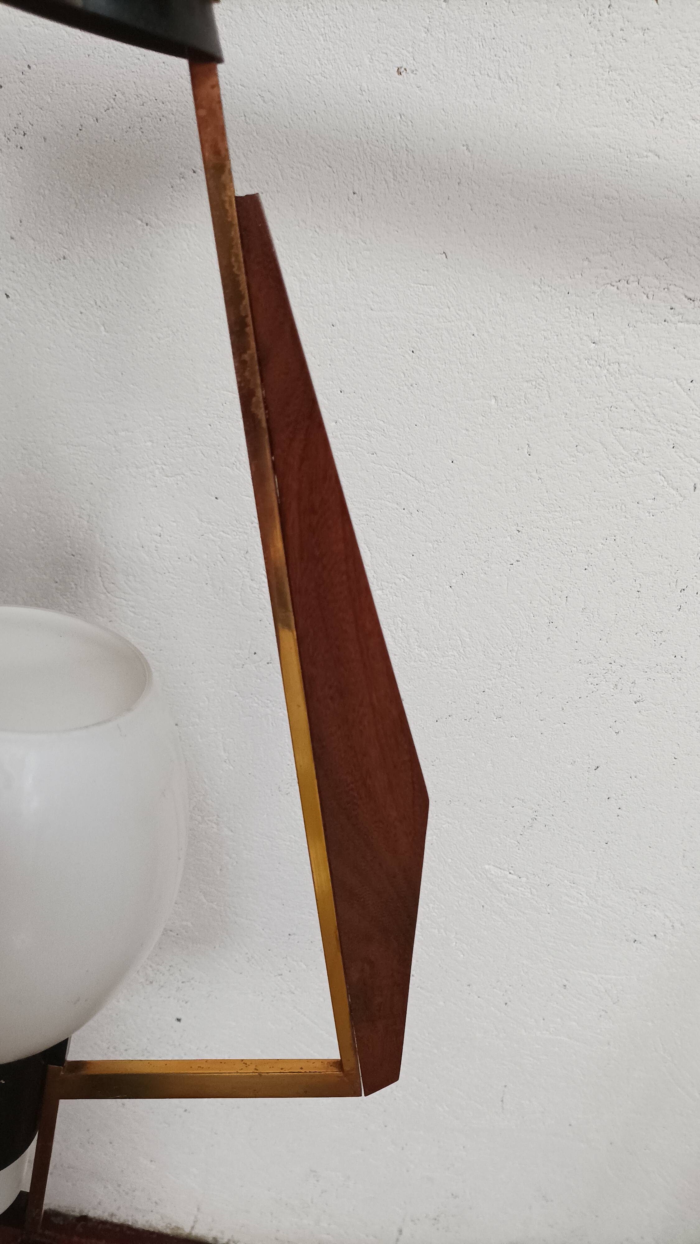 Teak, brass and opaline pendant light, Italy 1960