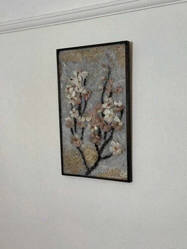 Swedish Stone work on Panel “Äppelblom” By Olga Aue‑Birkfeldt, Framed 52×32cm