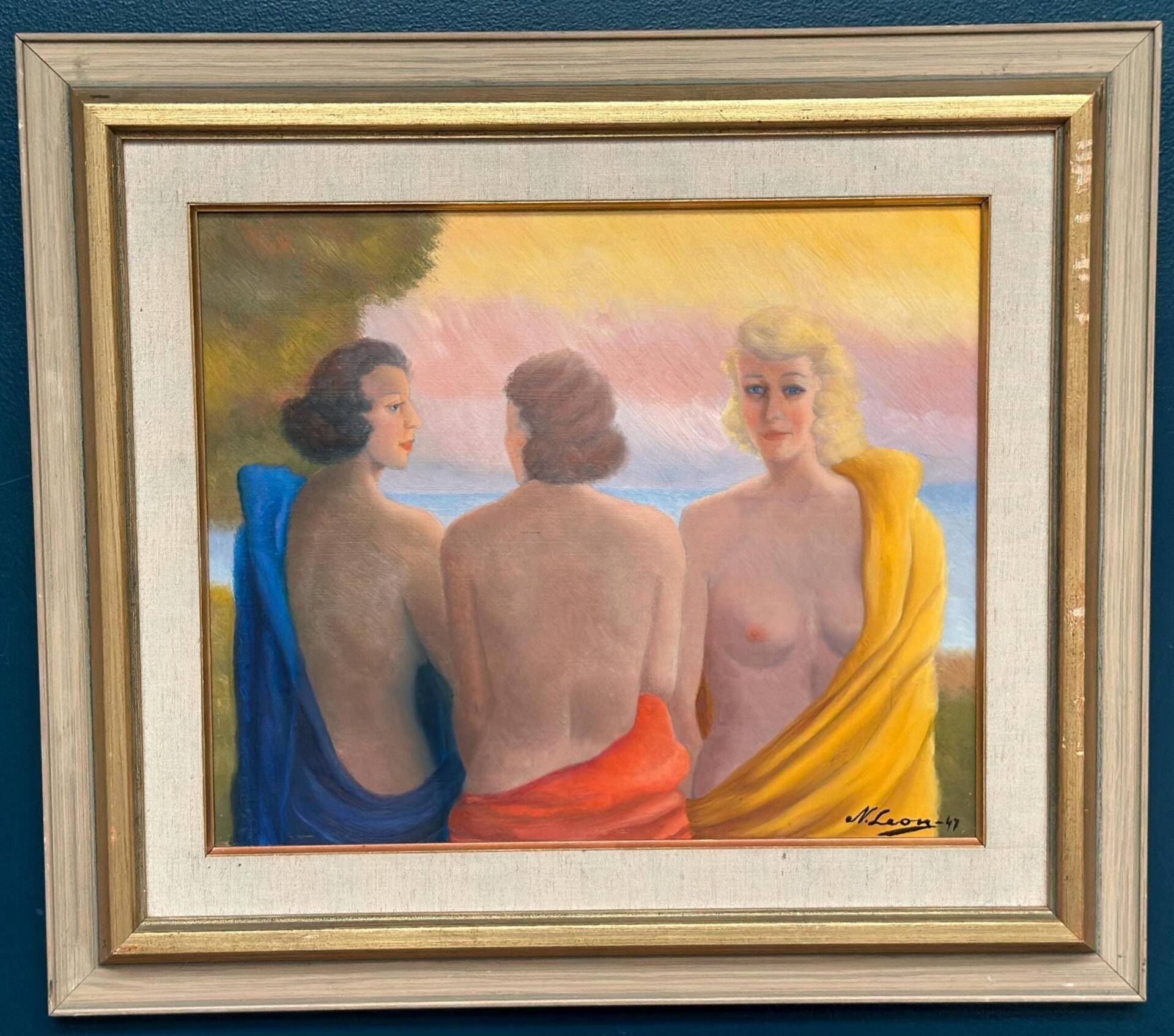 20th Century Oil on Panel – “Three Women” by N. Leon (1947) – Vintage