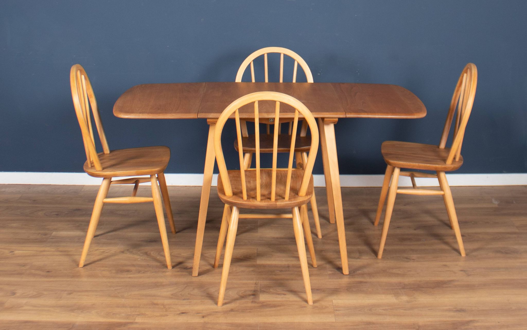 Retro Blonde Ercol Model 383 Dining Table & Four Model 370 Windsor Kitchen Dining Chairs