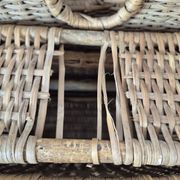 Vintage foldable beach chair, picnic in rattan and leather.
