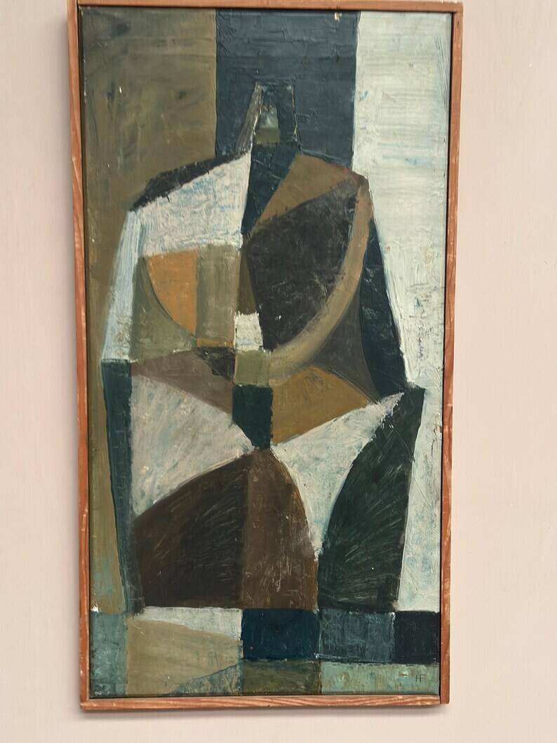 Original Swedish Oil on Canvas – "Abstrakt Komposition" by Hans Fritzdorf (1927–1990) – Vintage and Framed – 71 × 38 cm (28" × 15")