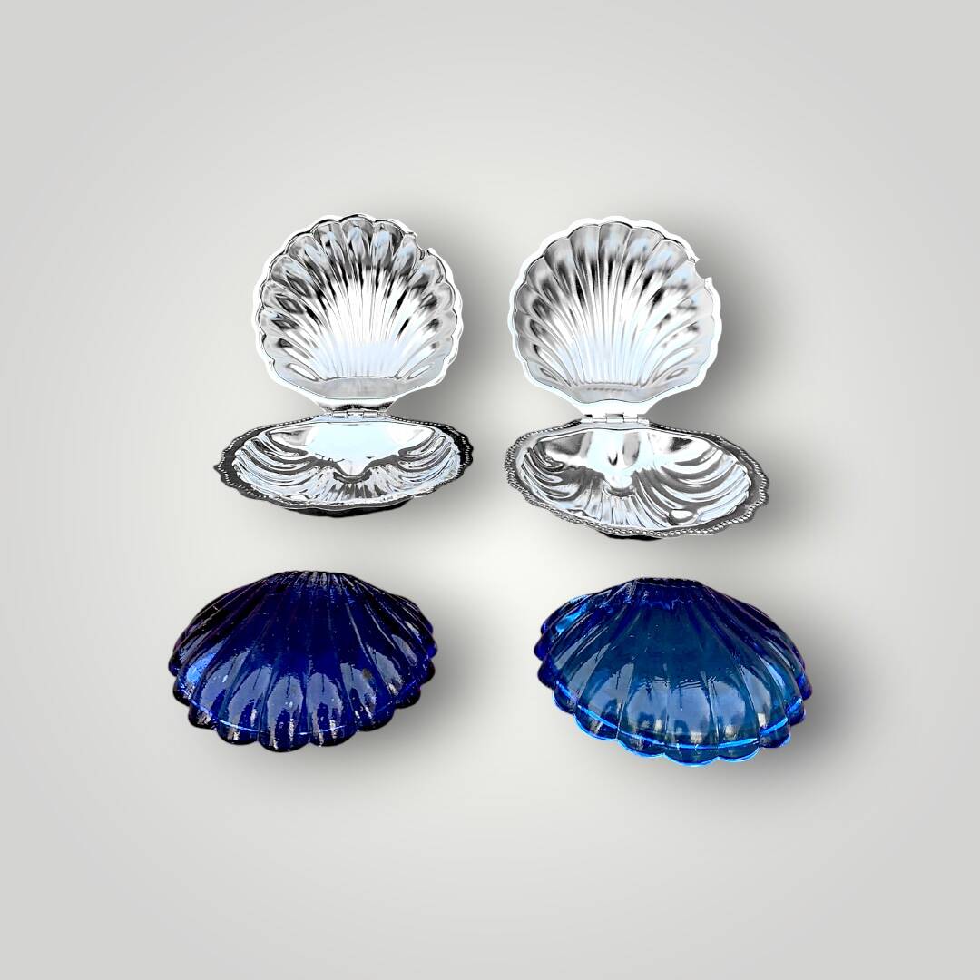 Set of 2 vintage shell butter dishes in stainless steel and cobalt blue glass