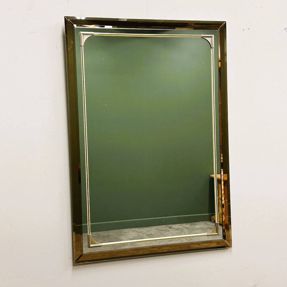 Rectangular Schöninger mirror with bronze-tinted glass and brass detailing, German