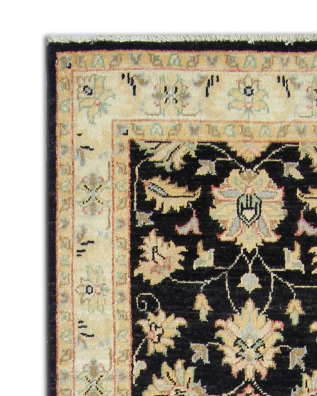 Black Wool Runner Rug, Handmade Floral Ziegler Hallway Runner 211 x 66 cm