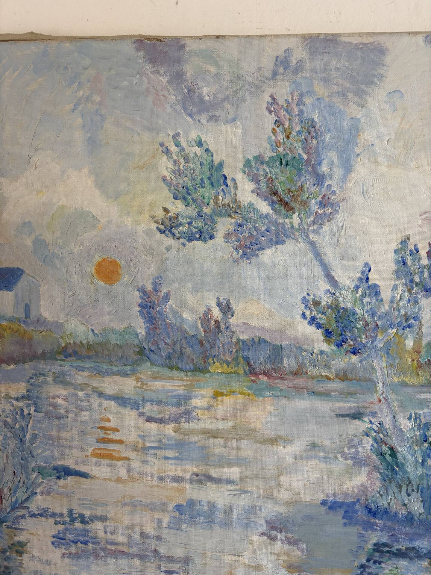 Blue landscape, riverbank, oil on canvas signed 1970
