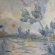 Blue landscape, riverbank, oil on canvas signed 1970