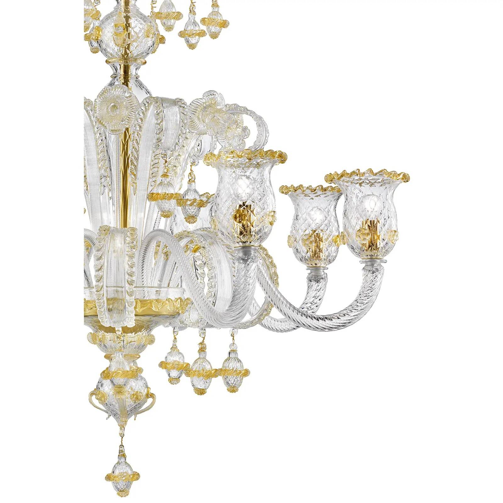Ornate Murano Glass Rigadin Chandelier with Refined Gold Trimming