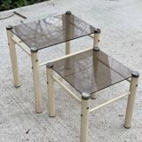 2 tables basses gigognes industrielles beige en verre Yves Boutboul 1970