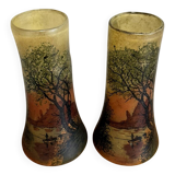 According to Legras: Pair of stained glass roller vases