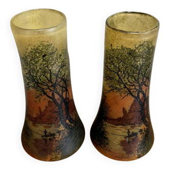 D'après Legras : Paire De Vases rouleau en verre teinté