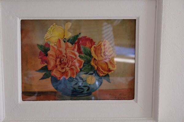 Tableau bouquet de fleurs,  aquarelle 1945, daté, signé et dédicacé