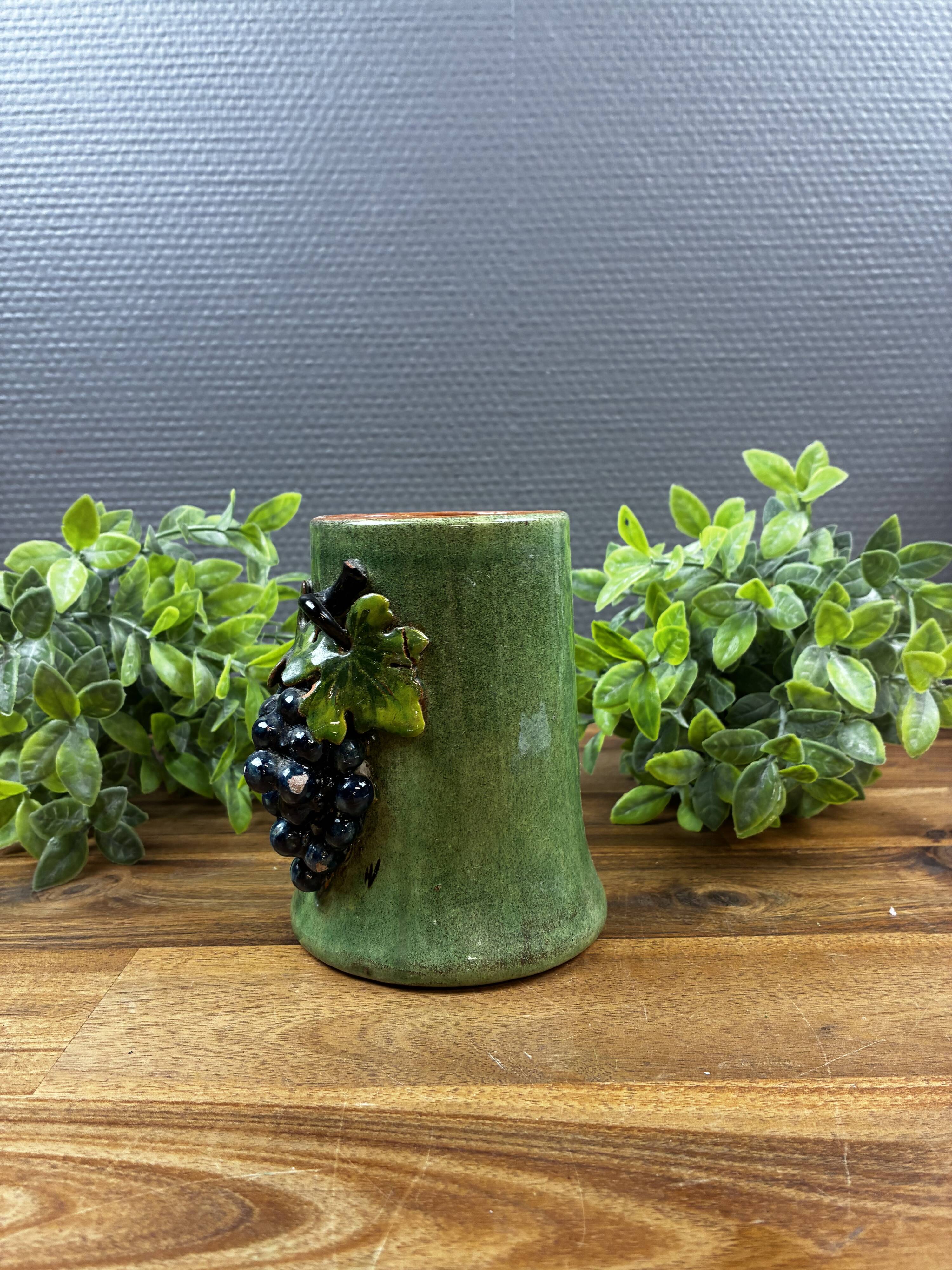 Old Green Glazed Ceramic Goblet with Grape Cluster Decoration