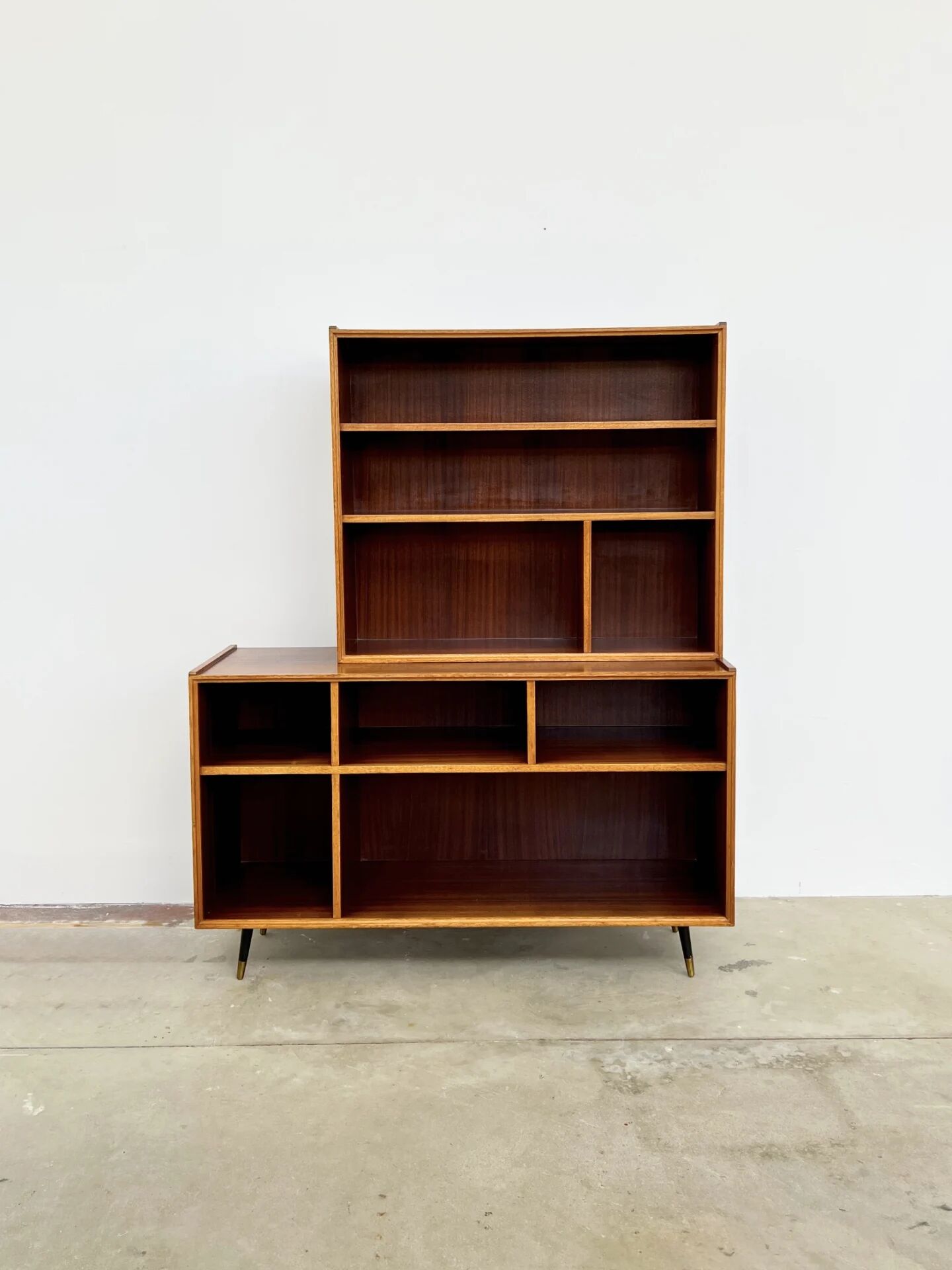 Asymmetrical mahogany bookshelf — 2 offset elements, custom-made, 1960s