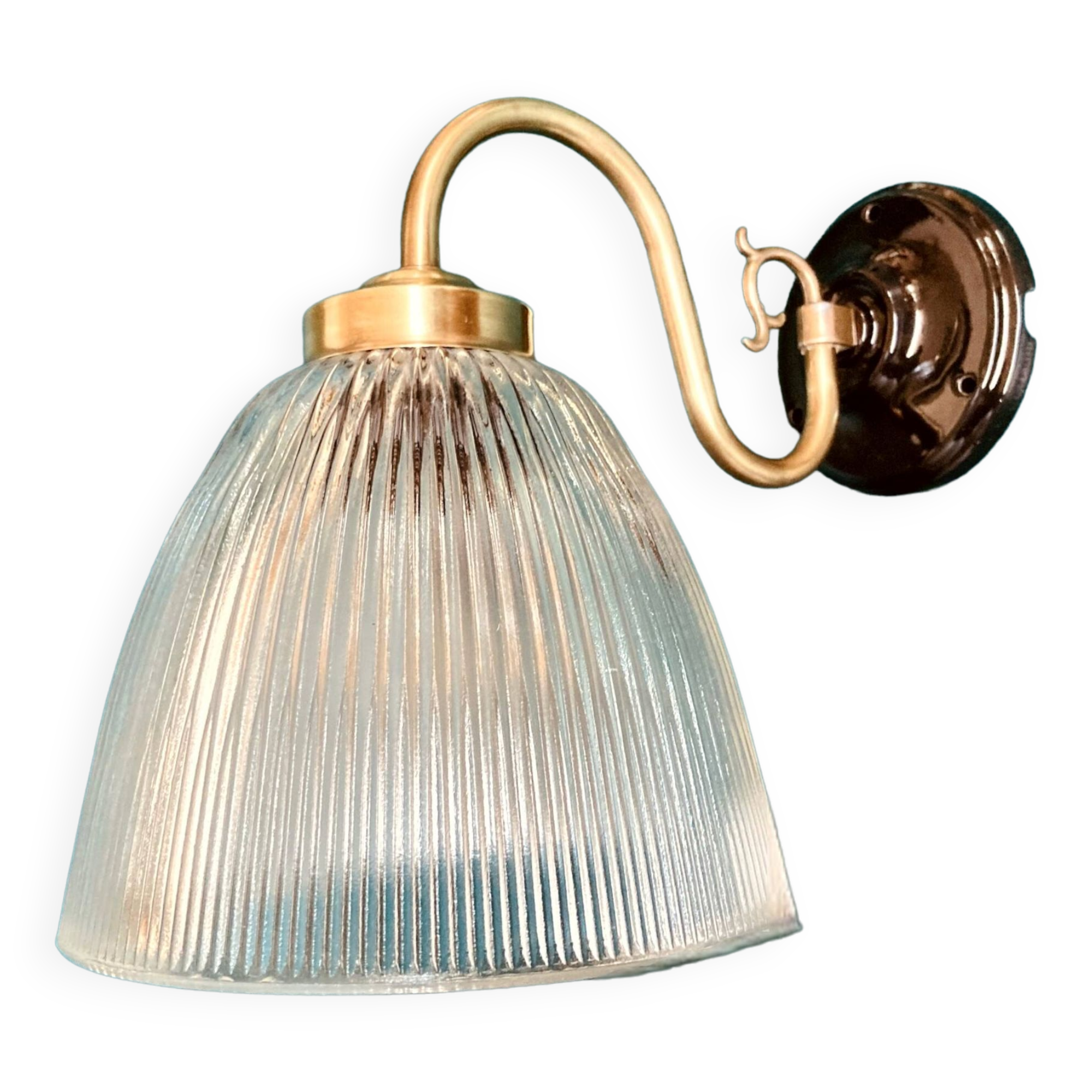 Brass swan neck wall light and prismatic glass tulip vintage porcelain rosette