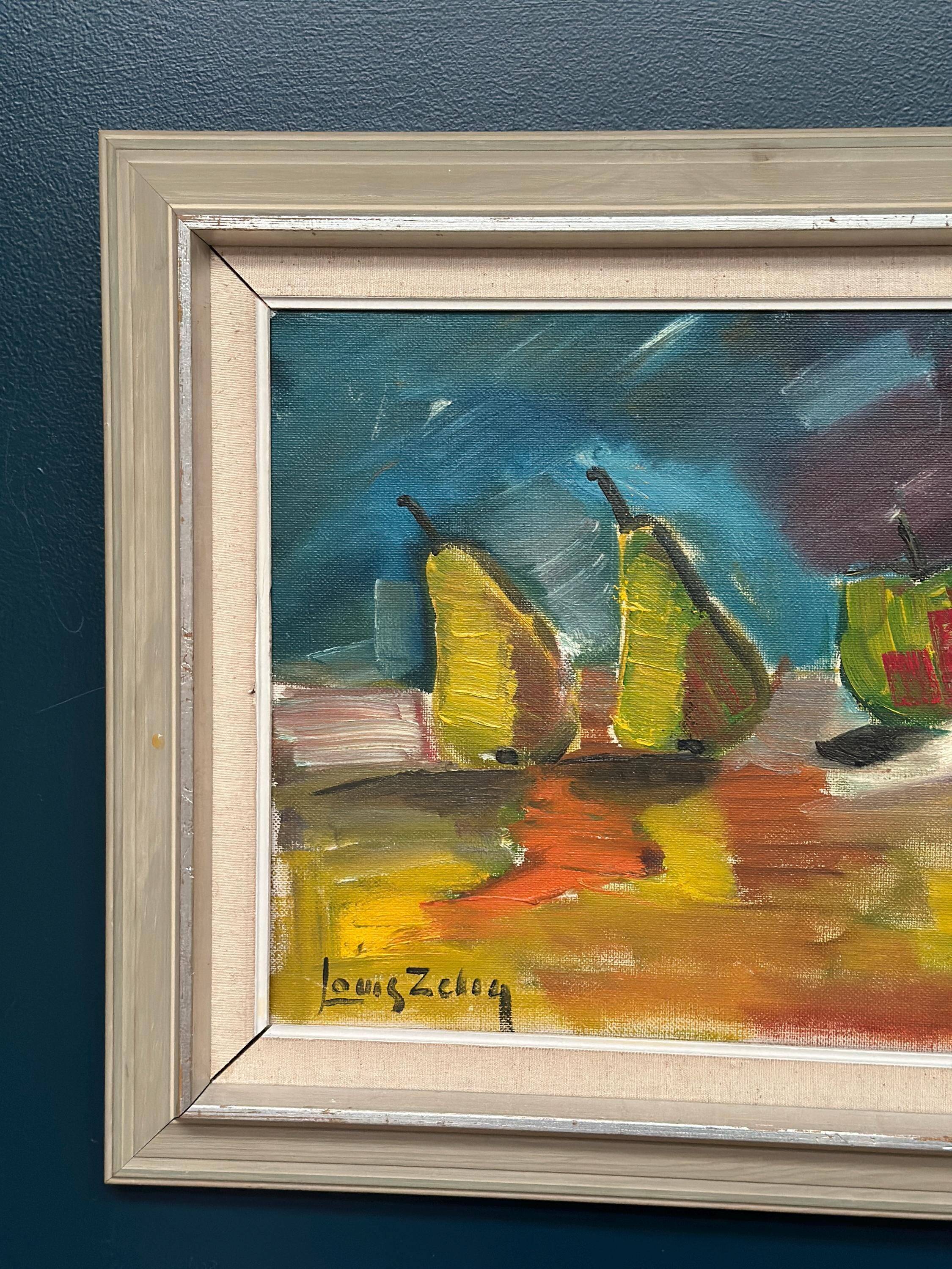 Original Mid Century Oil On Canvas – “Fruit” By Louis Zelig – Vintage & Framed 72 × 55 Cm