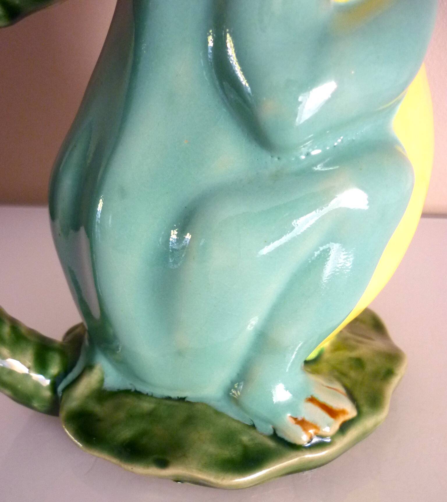 Frog pitcher, glazed ceramic, slipware, signed Athezza Franca