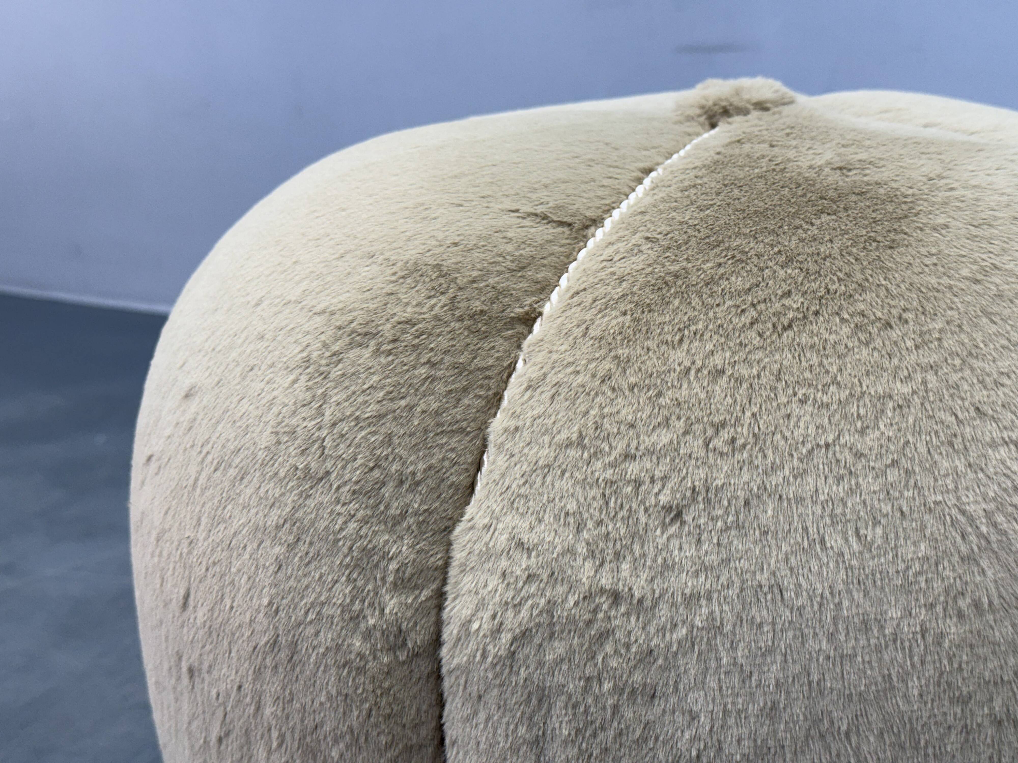 1940s Czech Art Deco Round Stool with Faux Rabbit Upholstery
