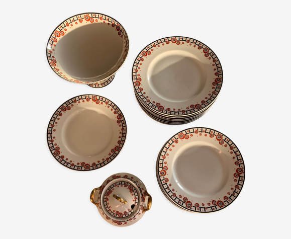 Lot de 6 assiettes plates porcelaine de Limoges coquelicots art déco