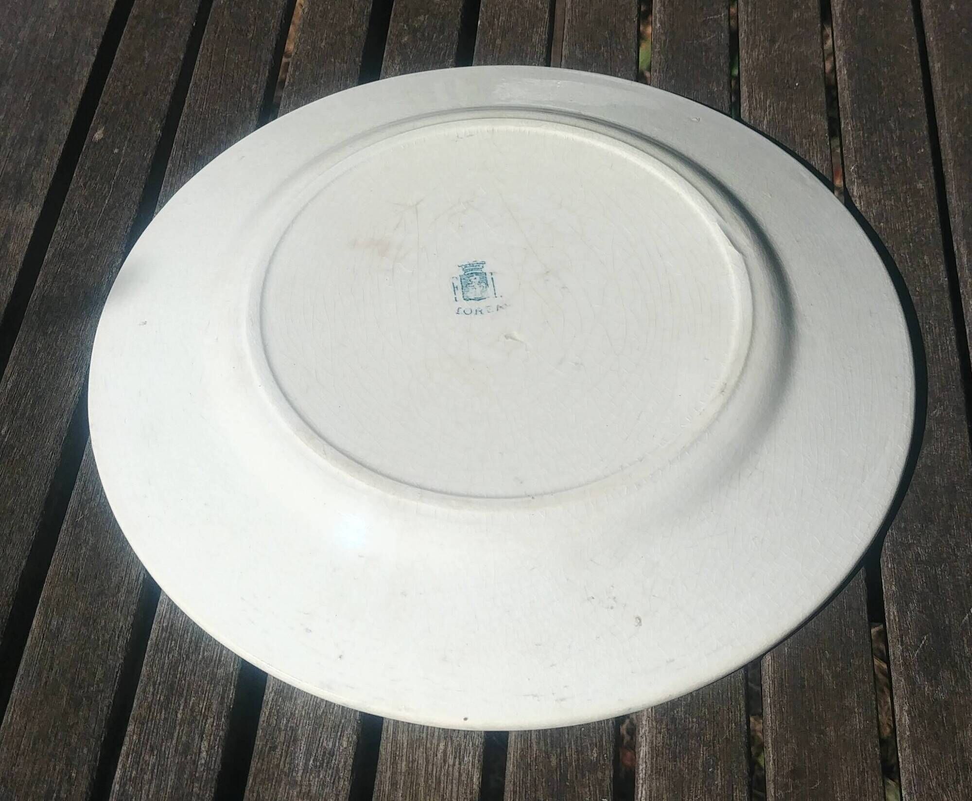 Old iron earthenware flat plate from the Lyon earthenware factory, Floréal model