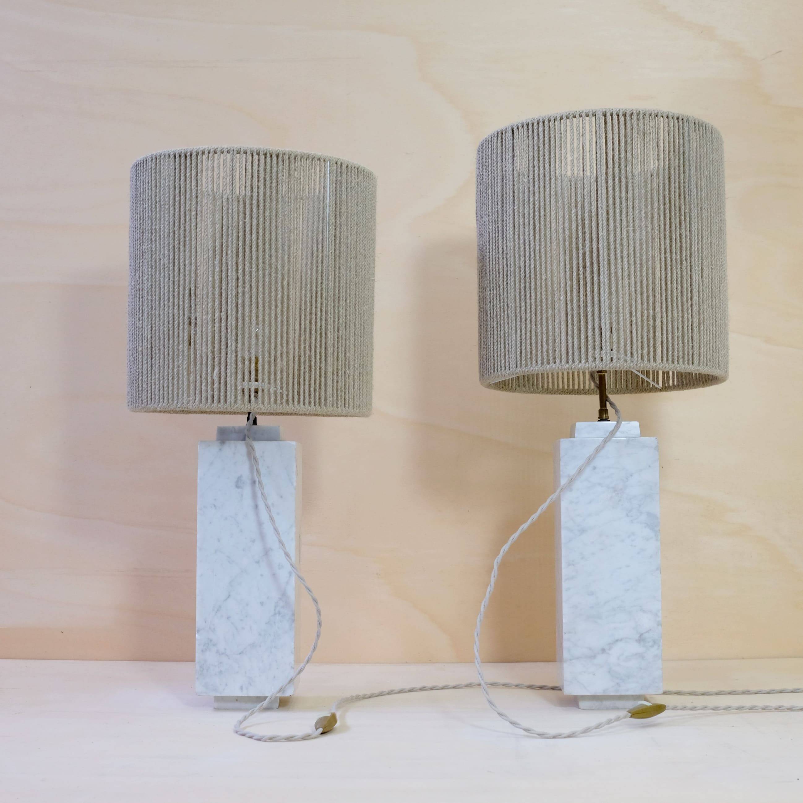Pair of marble lamps from the 60s and their rope lampshades.