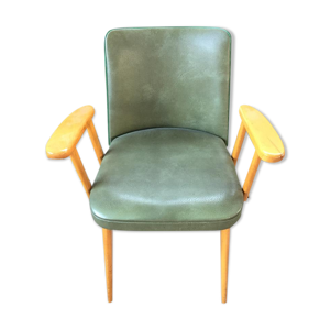 Fauteuil en skaï vert et bois