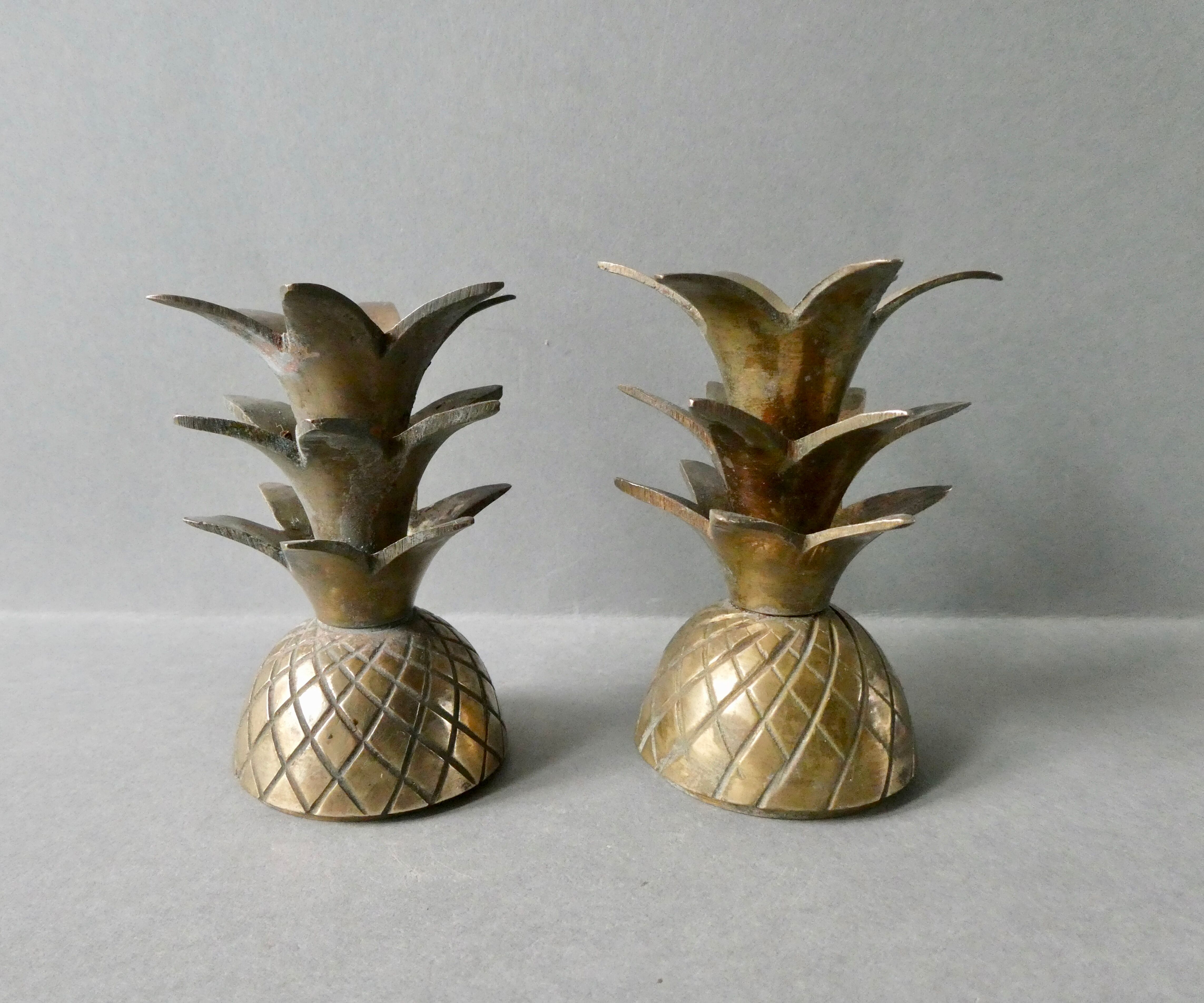 Pair of pineapple candlesticks, brass