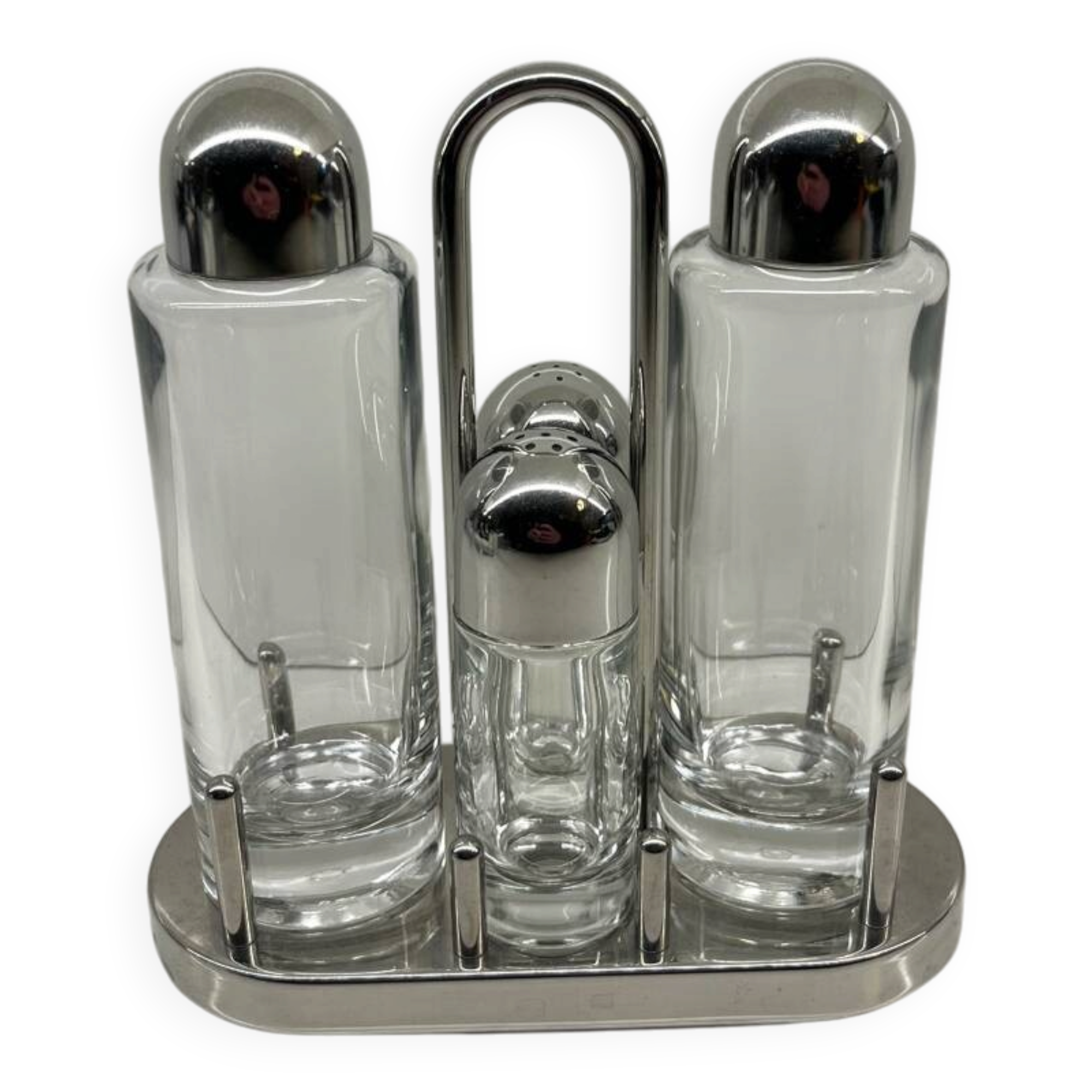 Alessi – 5070 – Ettore Sottsass – Condiment set – Stainless steel & glass