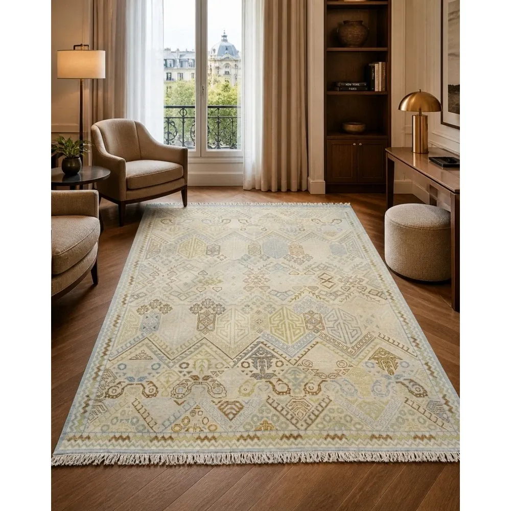 Decorative Oushak Wool Area Rug with Geometric Design. Hand-knotted Beige Carpet