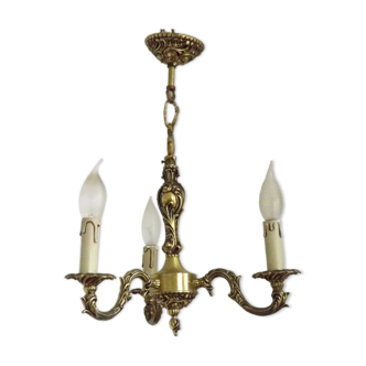 French Vintage Traditional Style Bronze Mid Century 3 Light Chandelier 4751