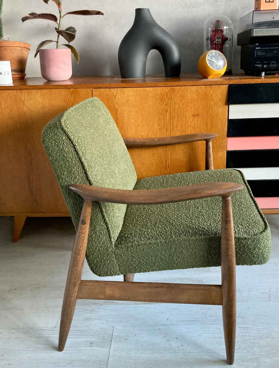 Original vintage polish chair GFM-87 designed by Juliusz Kędziorek in curled fabric