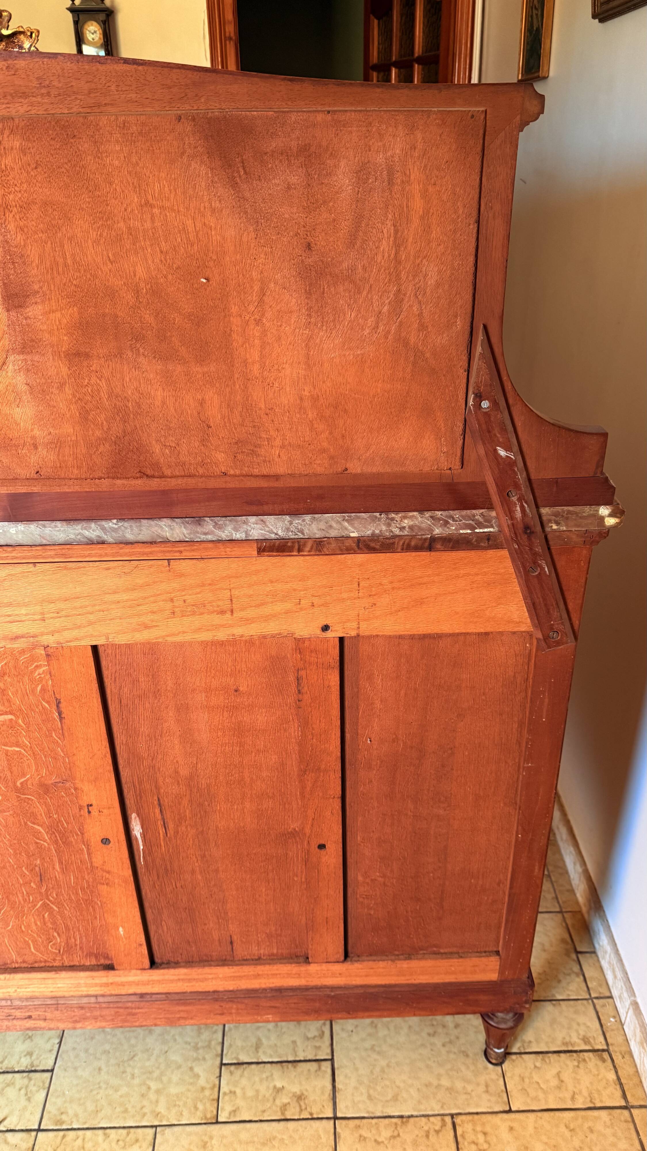Rare antique buffet with marble, bronze, and marquetry in the Louis XVI style.