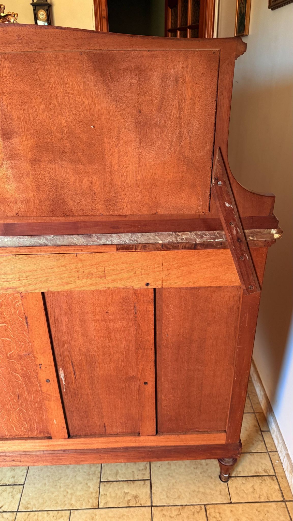 Rare antique buffet with marble, bronze, and marquetry in the Louis XVI style.