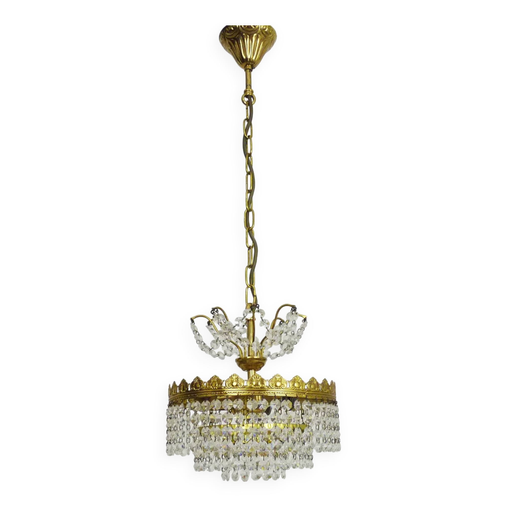 Old chandelier, brass crown ceiling light, 3 floors, 3 lights, glass pendants. 60s