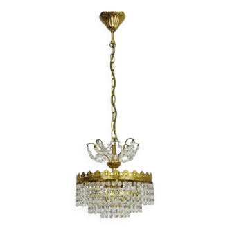 Old chandelier, brass crown ceiling light, 3 floors, 3 lights, glass pendants. 60s