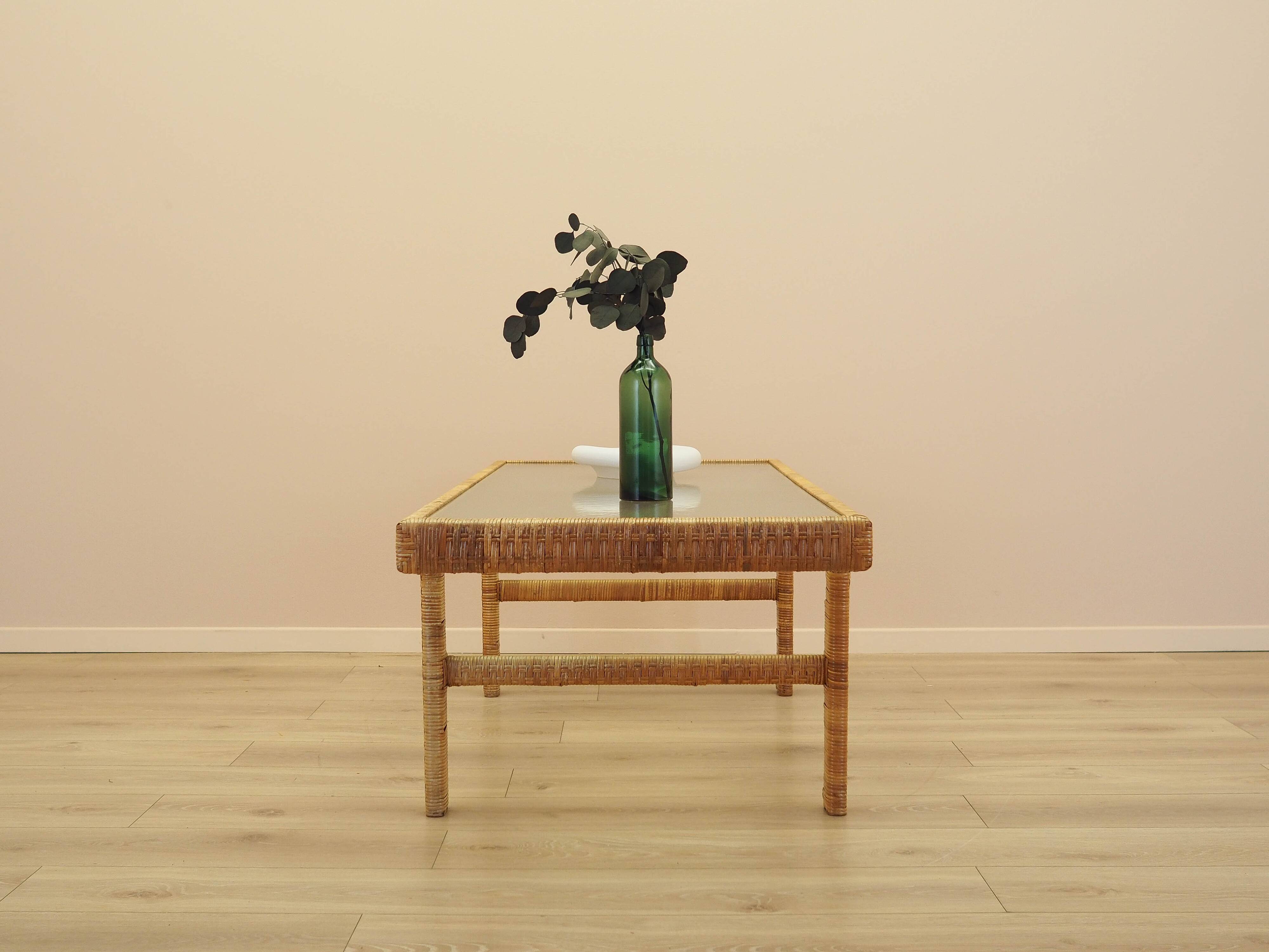 Glass and wicker side table, Danish design, 1970s, made in Denmark