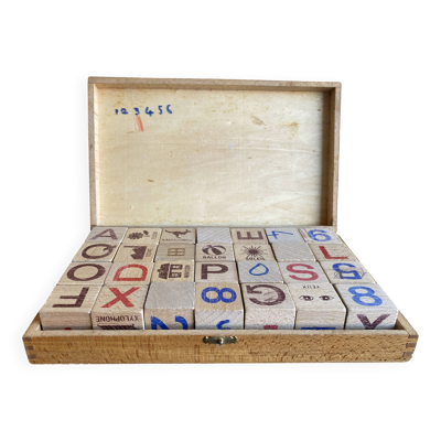 Jouet Jeu Ancien JEU JURA Bois Massif 28 Cubes + Boîte Origine Vintage