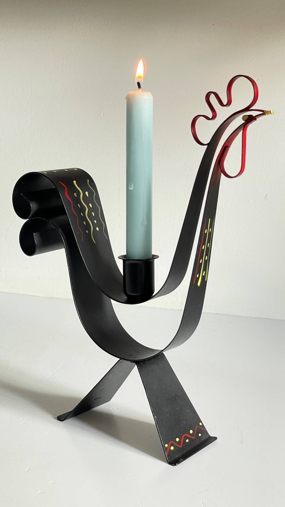 Vintage suede metal rooster-shaped candlestick