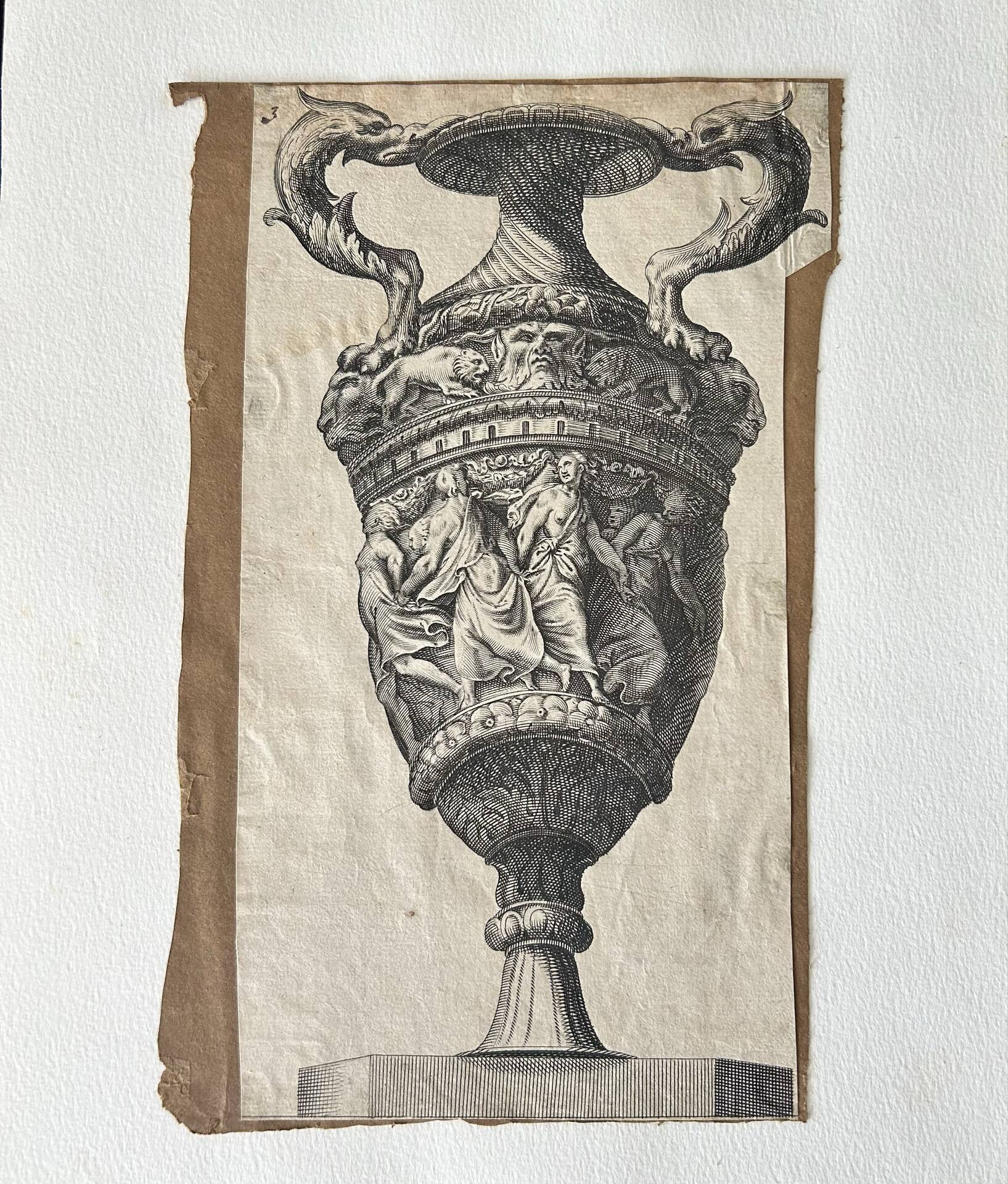 Gravure ancienne vase ornée d’après Polydoro da Caravaggio