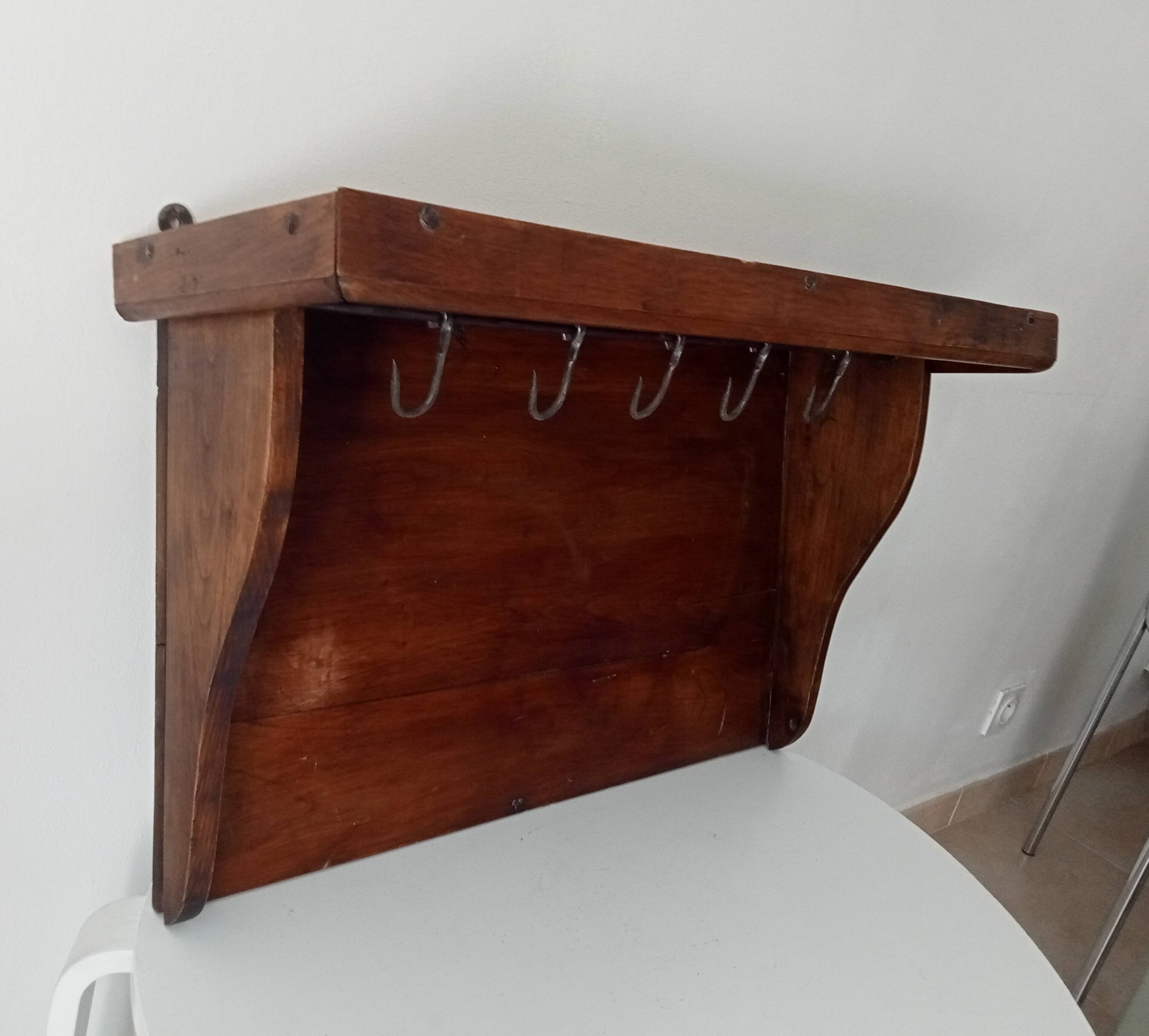 Antique wall shelf in solid chestnut with butcher's hooks